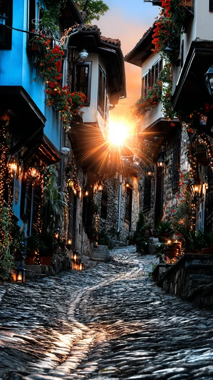 A charming, narrow cobblestone street winds uphill between old stone