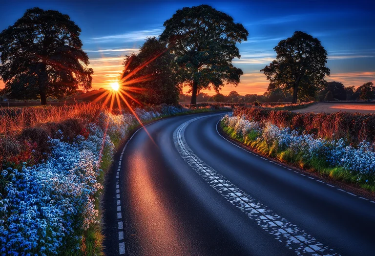 A winding country road curves through a landscape bathed in the warm
