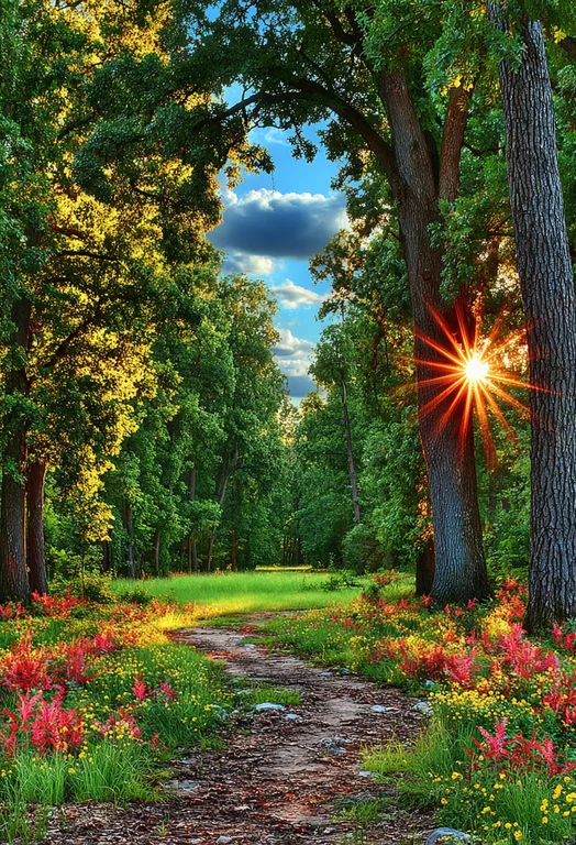 A sun-dappled forest path winds through a vibrant meadow bursting