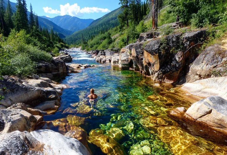 A person is swimming in a crystal-clear river surrounded by lush