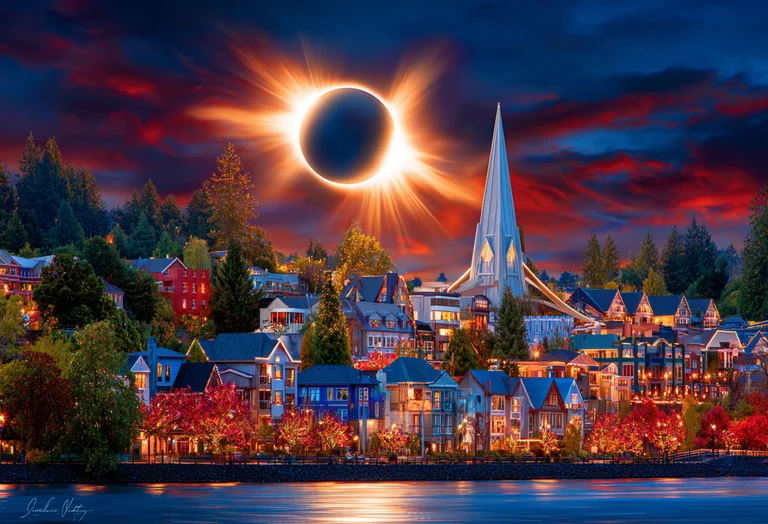 A dramatic solar eclipse casts an eerie glow over a picturesque town