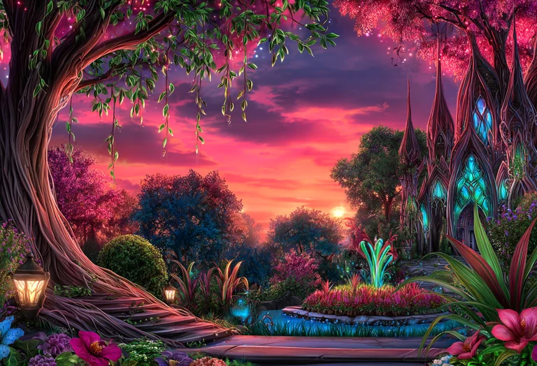 A magical fantasy landscape unfolds at sunset, featuring an