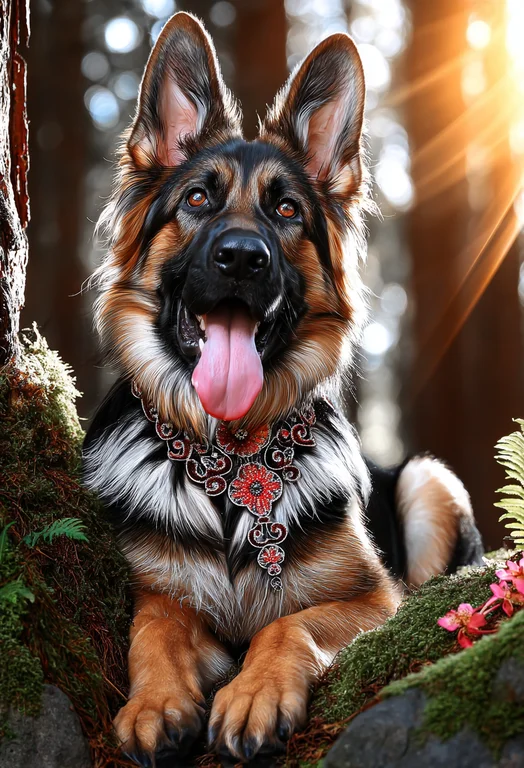 A majestic German Shepherd dog is depicted in a forest setting,