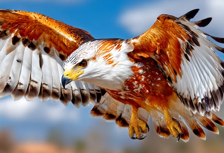 A majestic eagle with striking white, orange, and brown plumage is