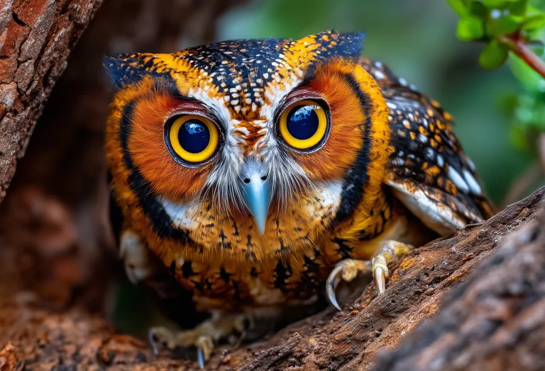 A close-up, photorealistic portrait of a striking owl perched on a