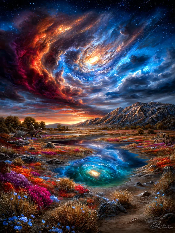 A surreal landscape depicts a vibrant, alien world where a swirling