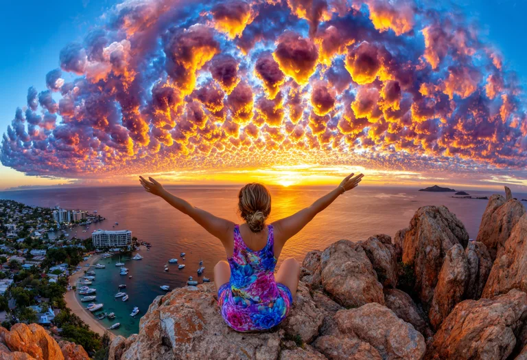 A woman sits on a rocky outcrop overlooking a coastal town and a bay