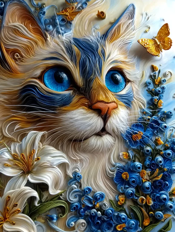 A close-up portrait of a fluffy cat with striking blue eyes is