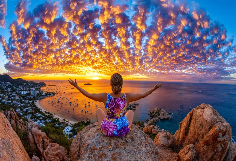 A woman sits on a rock overlooking a coastal town and a bay filled