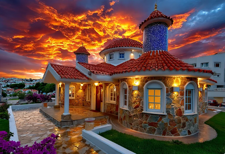 A unique, multi-domed building with red tile roofs and stone walls is