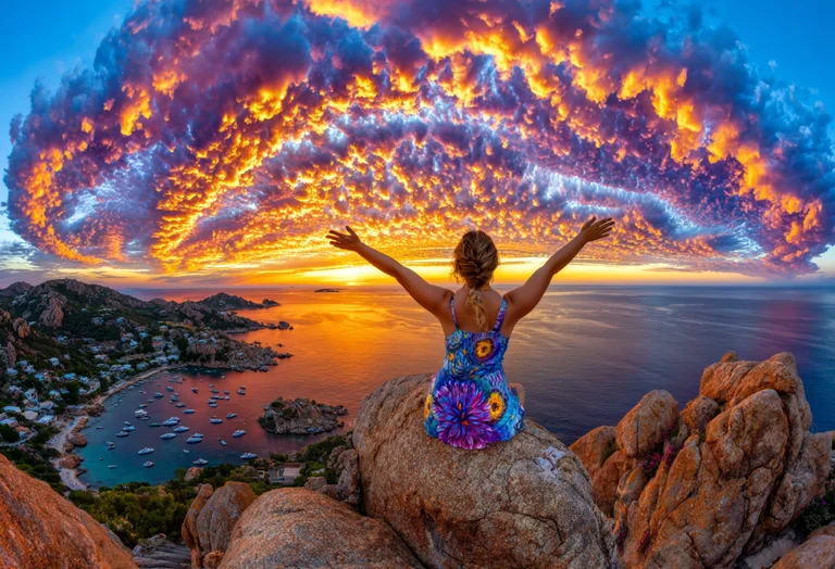 A woman sits on a rock overlooking a picturesque bay at sunset