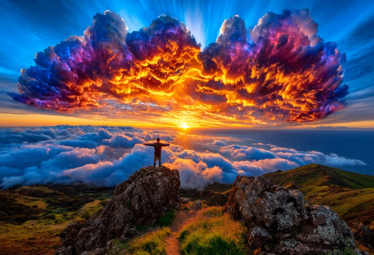 A lone figure stands on a rocky peak, arms outstretched towards a