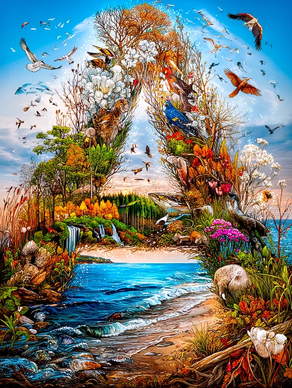 A vibrant and detailed scene depicting the interconnectedness of