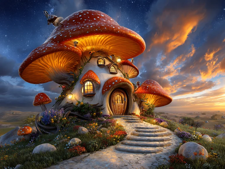 A whimsical mushroom house sits on a grassy hill, illuminated by the