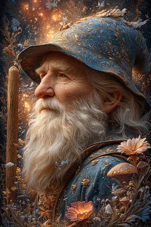 A wise, elderly wizard with a long white beard and a detailed blue