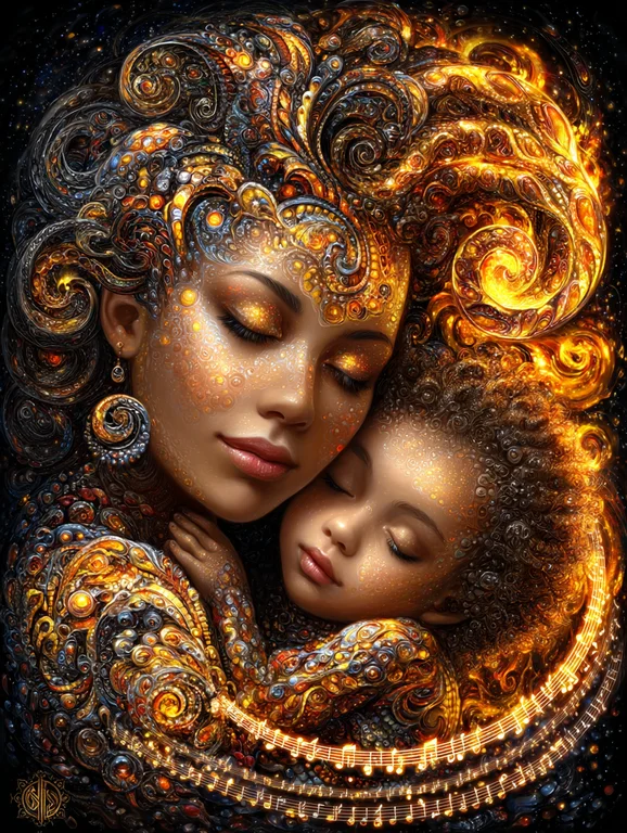 A mother and child are depicted in a close embrace, their bodies