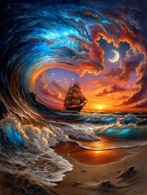 A majestic sailing ship navigates a turbulent sea under a dramatic sky