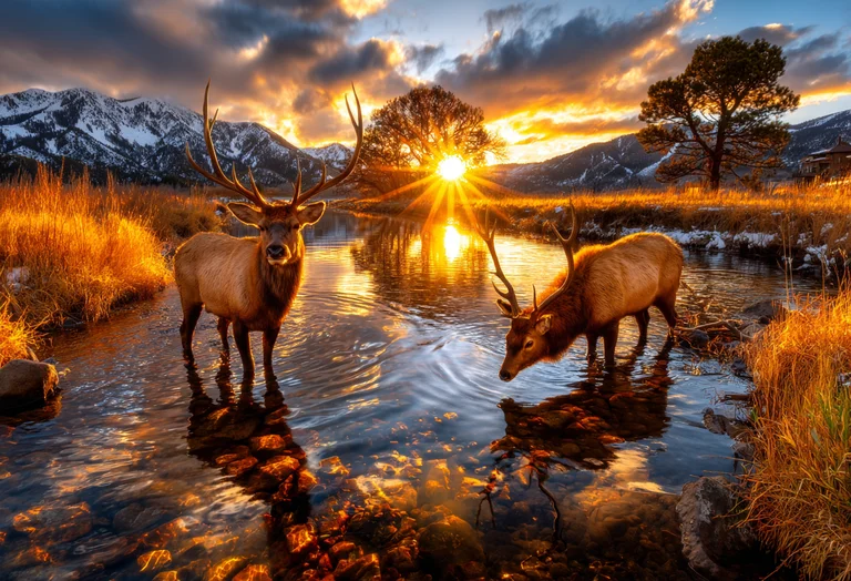Two majestic elk stand in a shallow, clear stream during a vibrant