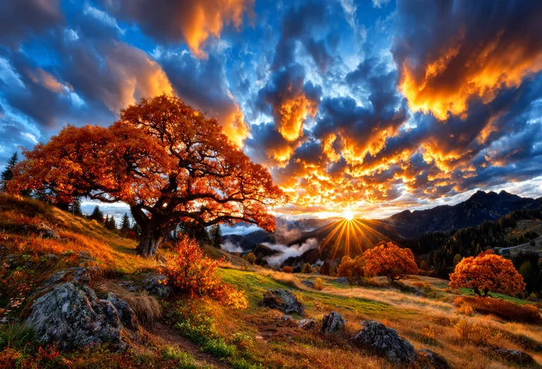 A majestic oak tree with vibrant orange foliage stands on a grassy