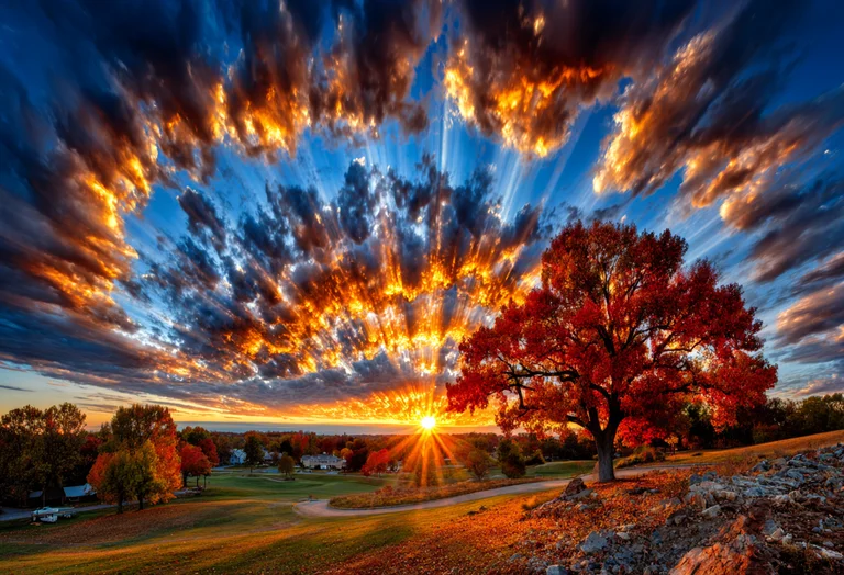 A dramatic sunset paints the sky with fiery oranges and yellows,