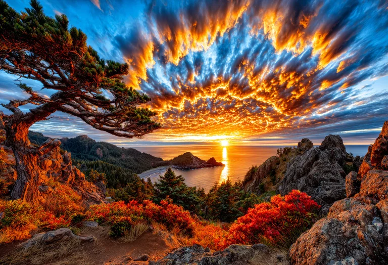 A dramatic sunset over a rugged coastline