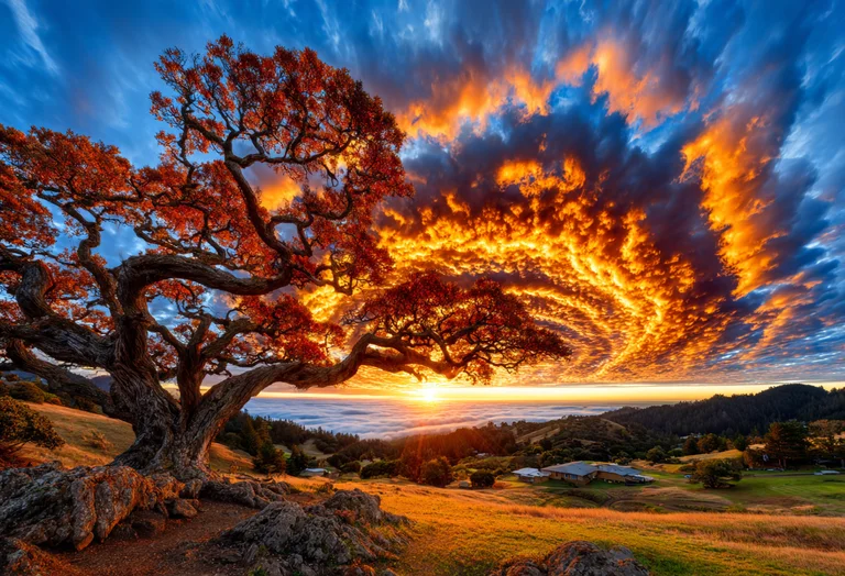 A majestic, ancient oak tree with fiery red leaves stands prominently