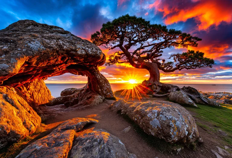 A dramatic sunset paints the sky with vibrant oranges, reds, and