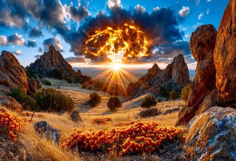 A dramatic sunset over a rugged, mountainous terrain