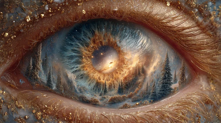 A close-up view of a human eye, where the iris and pupil are replaced