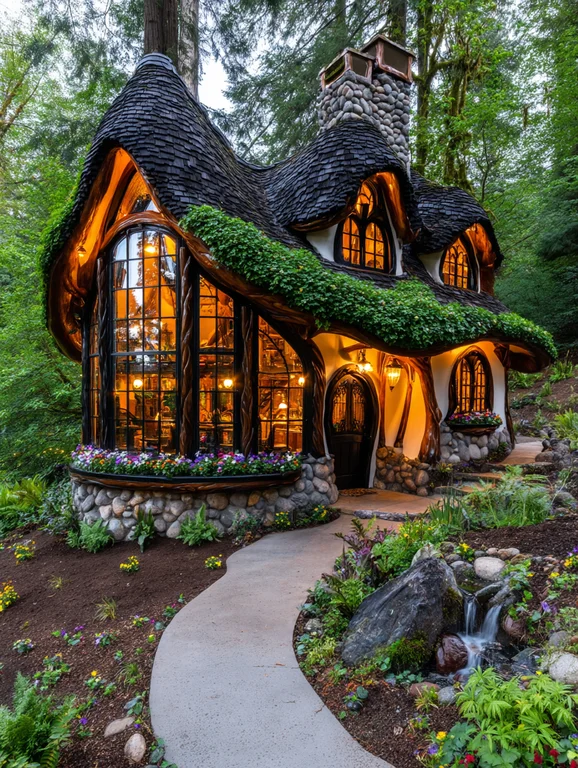 A whimsical, storybook-style cottage nestled in a lush, green forest