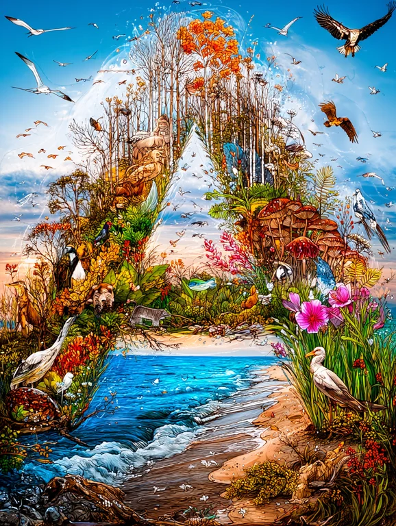 A surreal and vibrant landscape unfolds within a triangular frame,