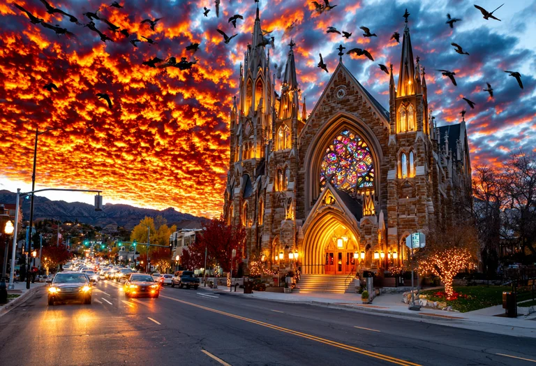 A grand, illuminated church with intricate stained glass windows