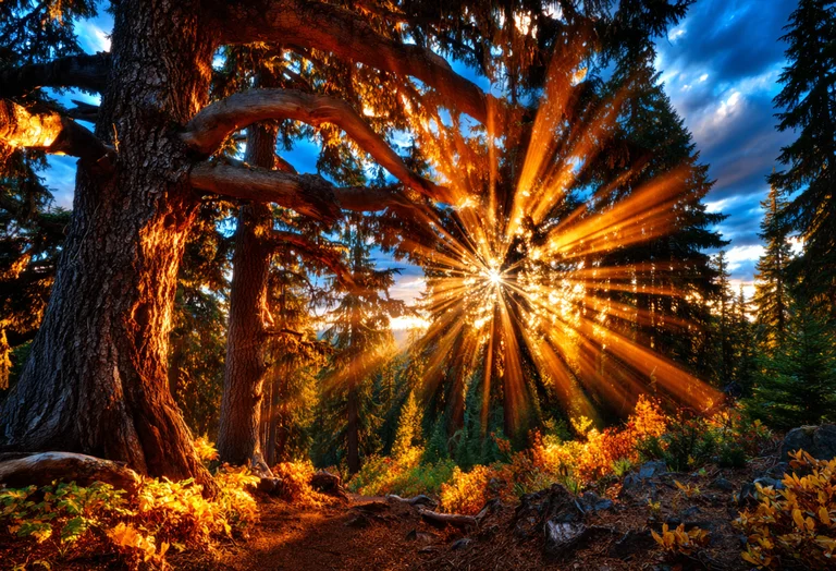 A majestic old-growth forest is bathed in the warm, golden light of a