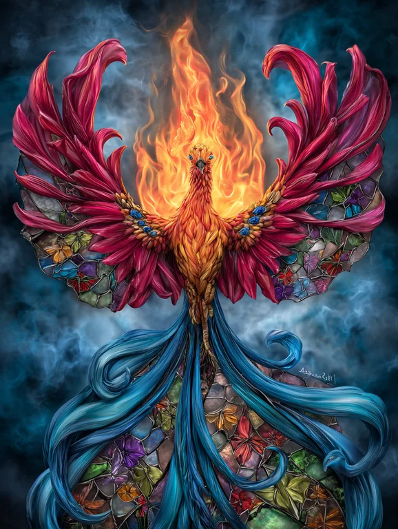 A majestic phoenix rises from a bed of stained glass, its body