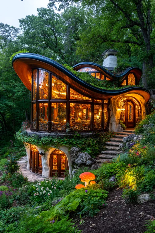 A whimsical, organic-shaped house nestled into a lush, green forest