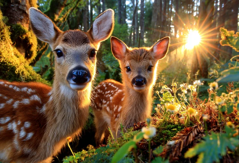 Two young deer, likely fawns, are positioned in the foreground of a