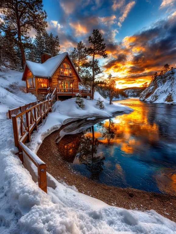 A cozy wooden cabin sits nestled in a snowy landscape beside a river