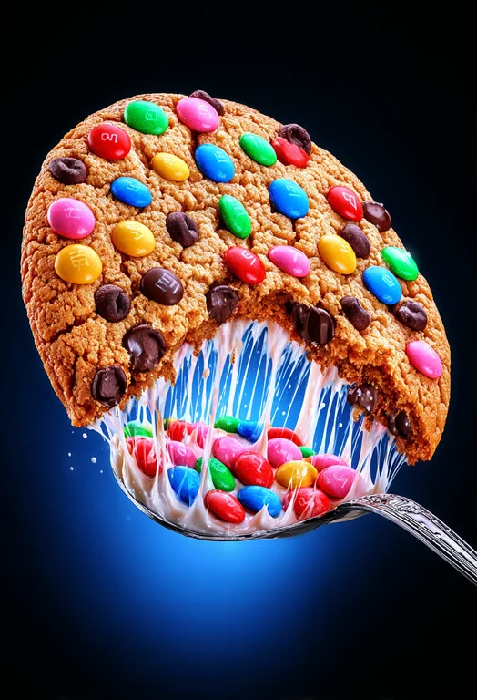 A close-up, photorealistic image of a large chocolate chip cookie