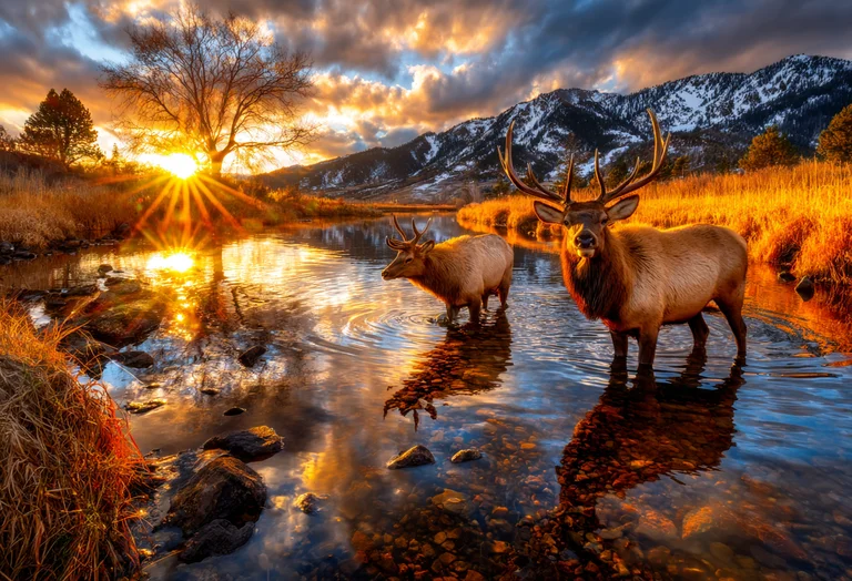 Two elk stand in a shallow, rocky river during a vibrant sunset