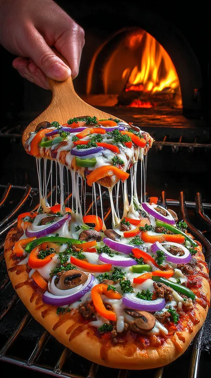 A delicious, freshly baked pizza is being lifted from a grill with a