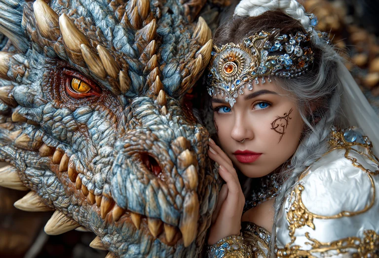 A young woman with striking blue eyes and intricate facial markings