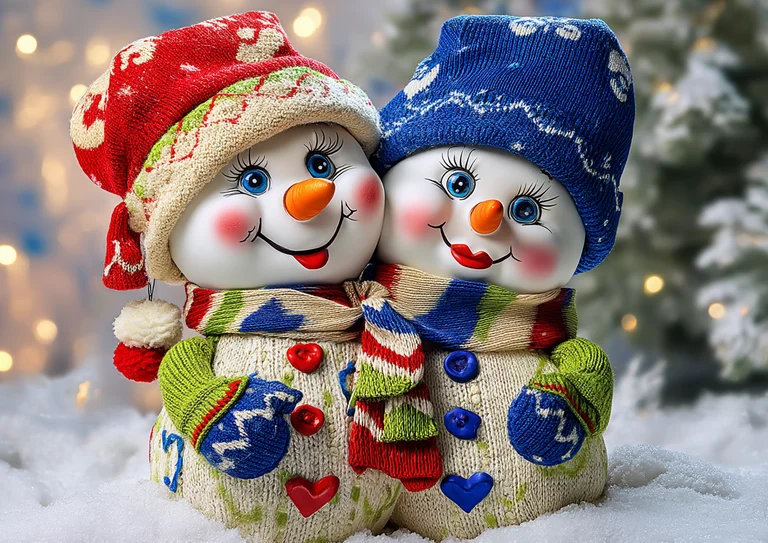 Two cheerful snowmen are posed closely together, wearing festive