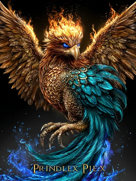 A majestic phoenix, wreathed in flames, with brilliant blue eyes and