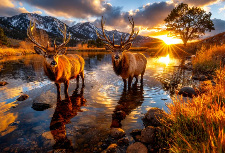 Two majestic elk stand in a shallow stream, their antlers silhouetted
