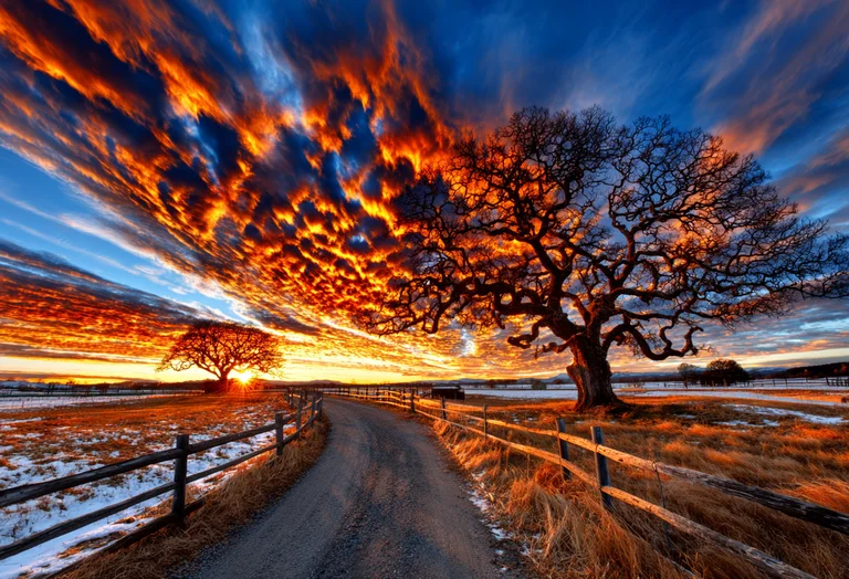 A dramatic sunset paints the sky with fiery orange and deep blue