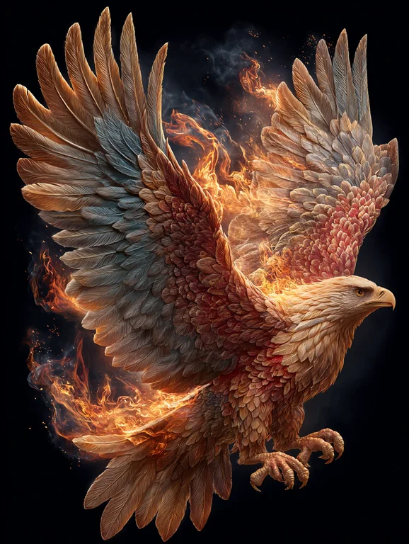 A majestic eagle, appearing as a phoenix, is depicted in mid-flight