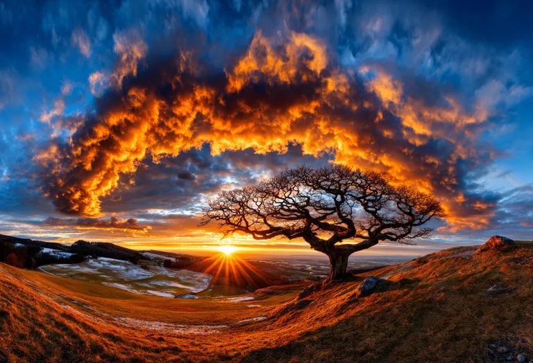A dramatic sunset paints the sky with fiery orange and deep blue