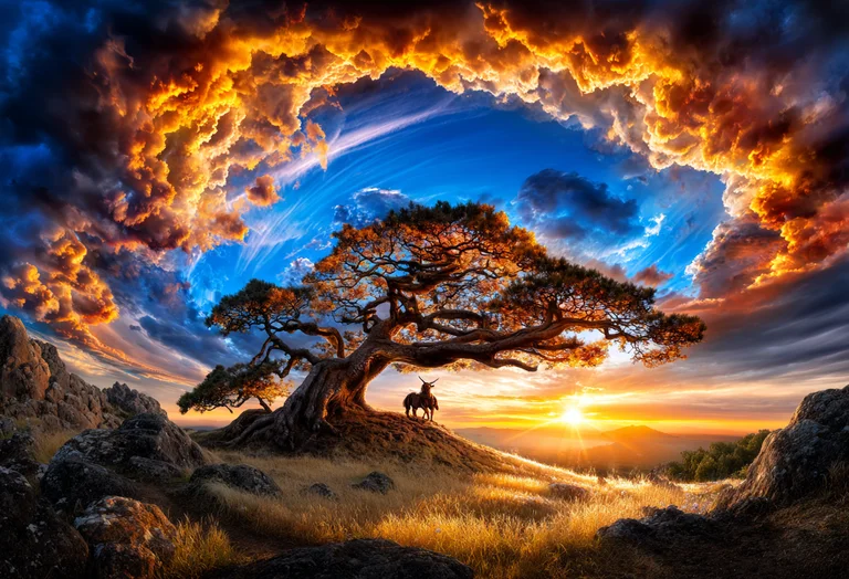 A majestic, ancient tree stands on a grassy hill under a dramatic sky