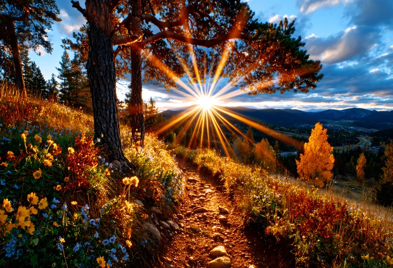 A sunburst emanates from the horizon, casting golden rays through the