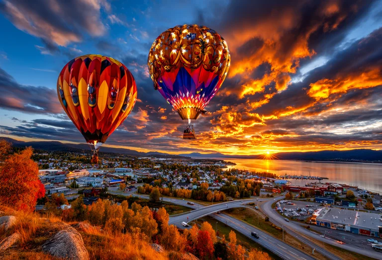 Two vibrant hot air balloons float majestically over a picturesque